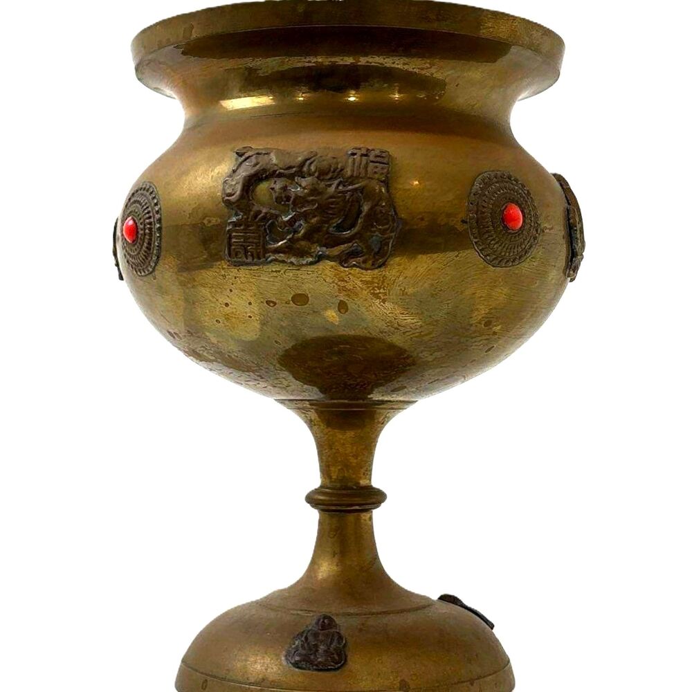 Vintage Chinese dragons Urn Vessel Sino Tibetan Buddhist Chalice Goblet Brass